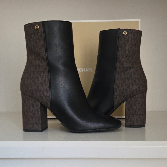 Michael Kors Black and Brown Monogram Heeled Boots - Picture 1 of 6